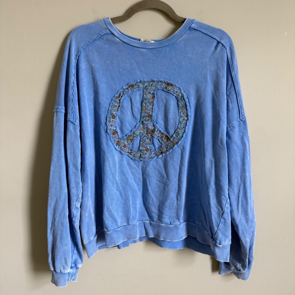 Easel Los Angeles Blue Acid Wash Peace Sign Floral Applique Sweatshirt Large